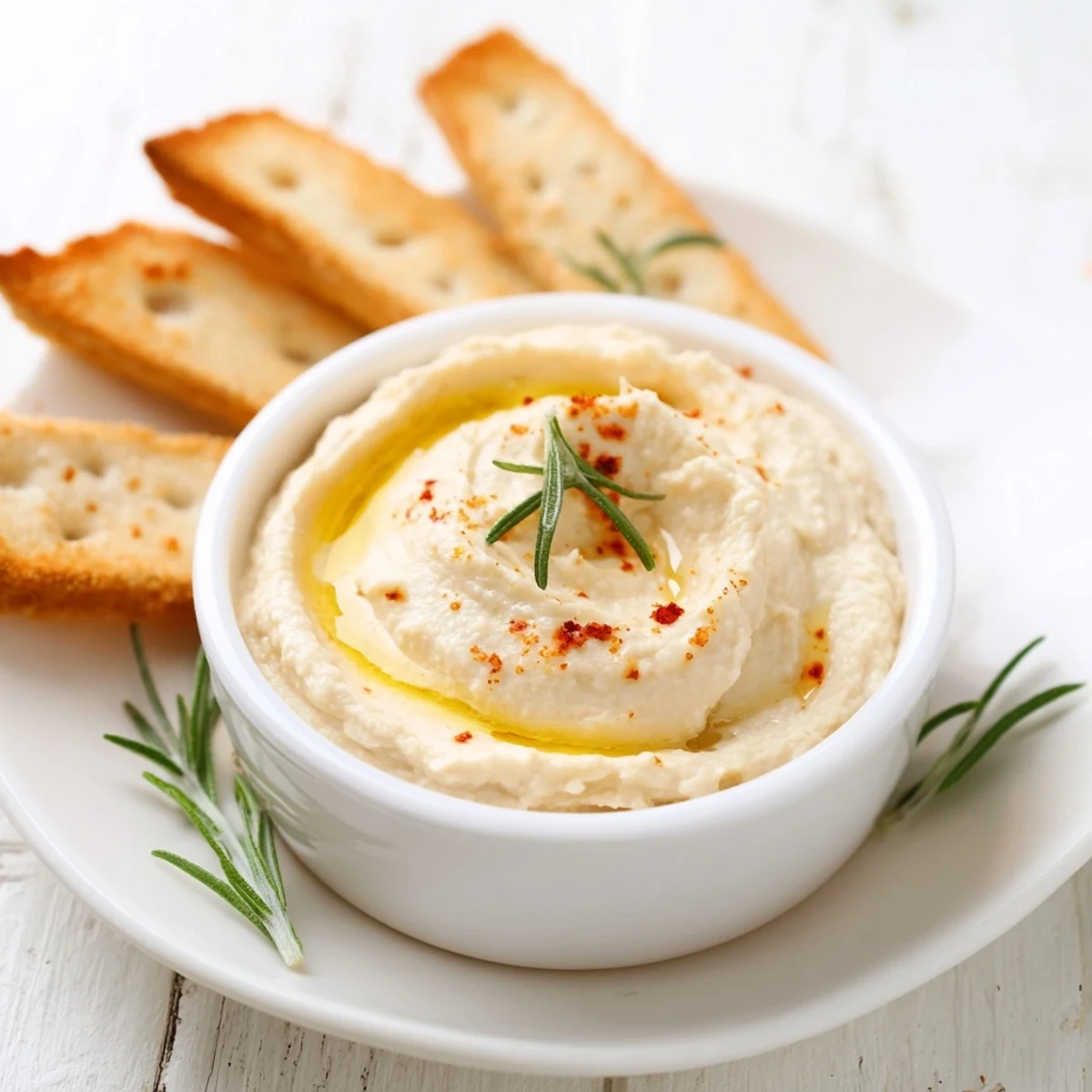 Close-up of baked rosemary Holiday Crackers, speckled with sea salt, ready to be paired with hummus.