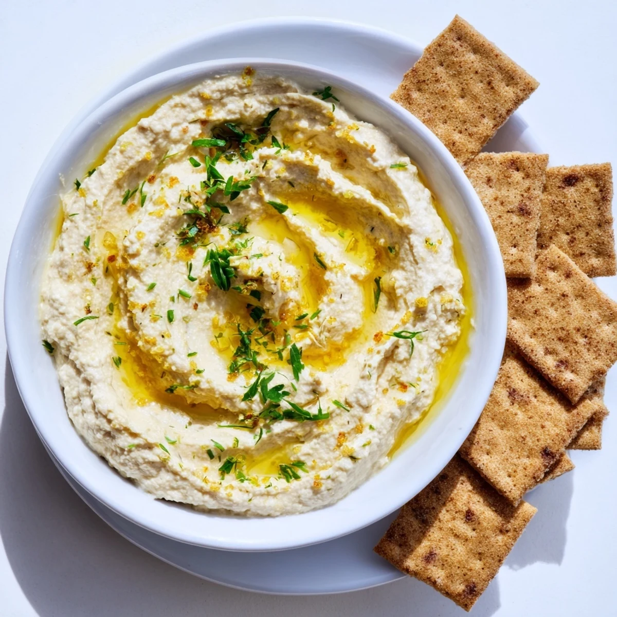A platter offering a delicious pairing: homemade Holiday Crackers and a vibrant, flavorful hummus.