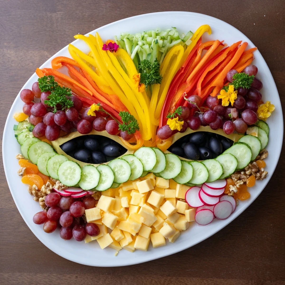 A vibrant photo shows The Masquerade Mask appetizer platter with colorful fresh vegetables artfully arranged.