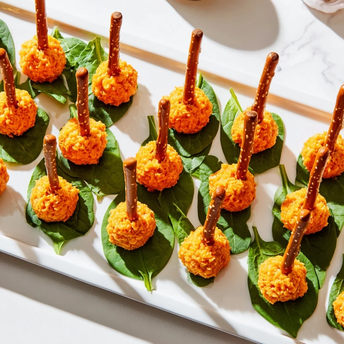 A close-up of the adorable Pumpkin Patch grid, with pretzel stems and optional parsley leaves.