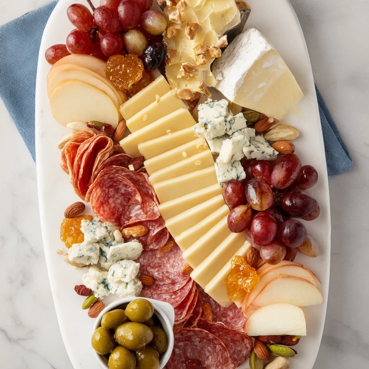 Elegant Gilded Edge cheese board: a vibrant arrangement of cheeses, meats, fruits, and crackers ready to enjoy.
