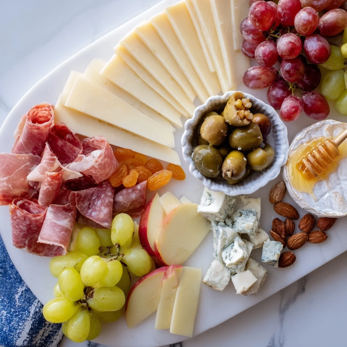 Spectacular Elegant Gilded Edge appetizer featuring Brie, prosciutto, grapes, and nuts, beautifully arranged for a party.