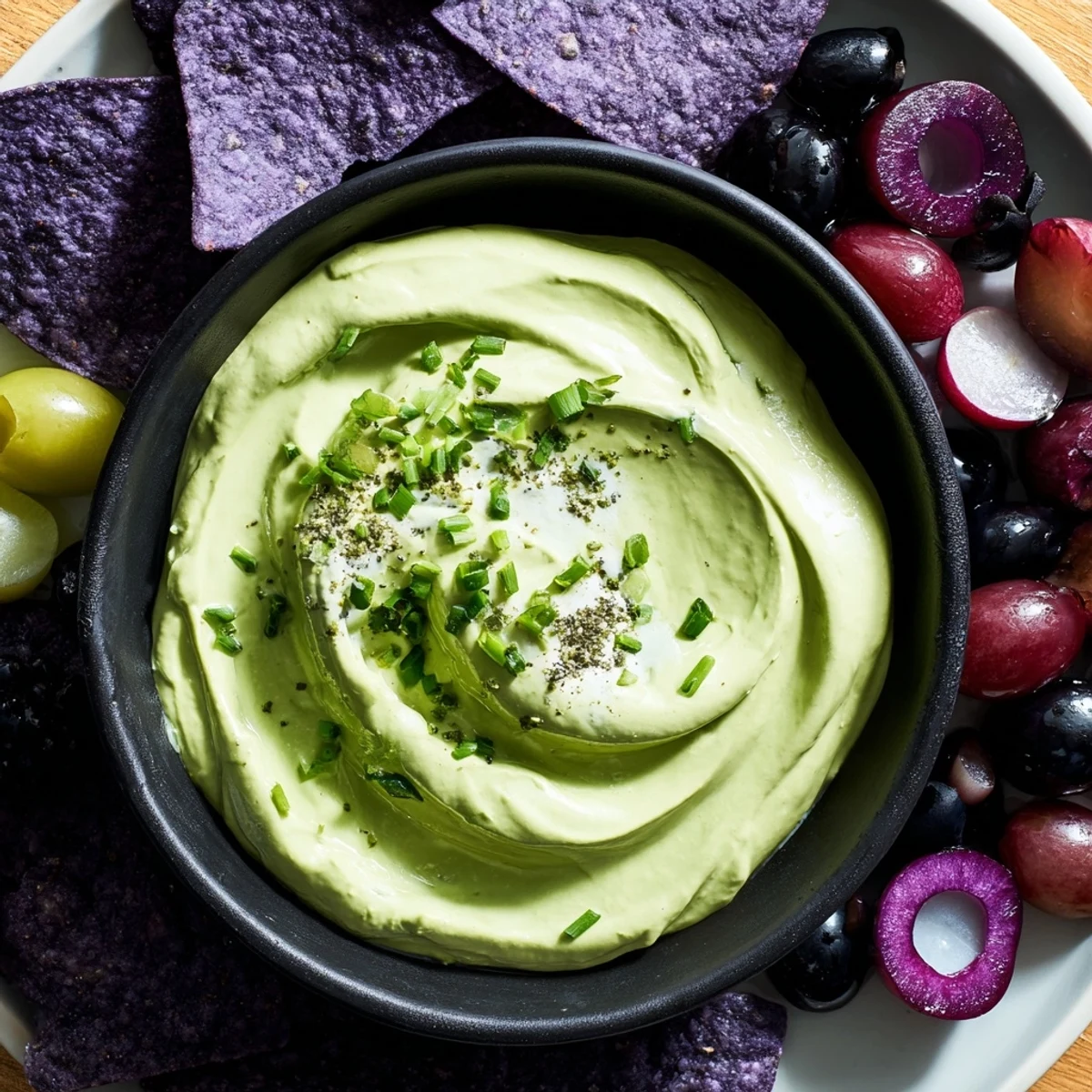 This Witch's Brew Cauldron appetizer shows a bubbling green dip with dark, smoky-looking garnishes around it.