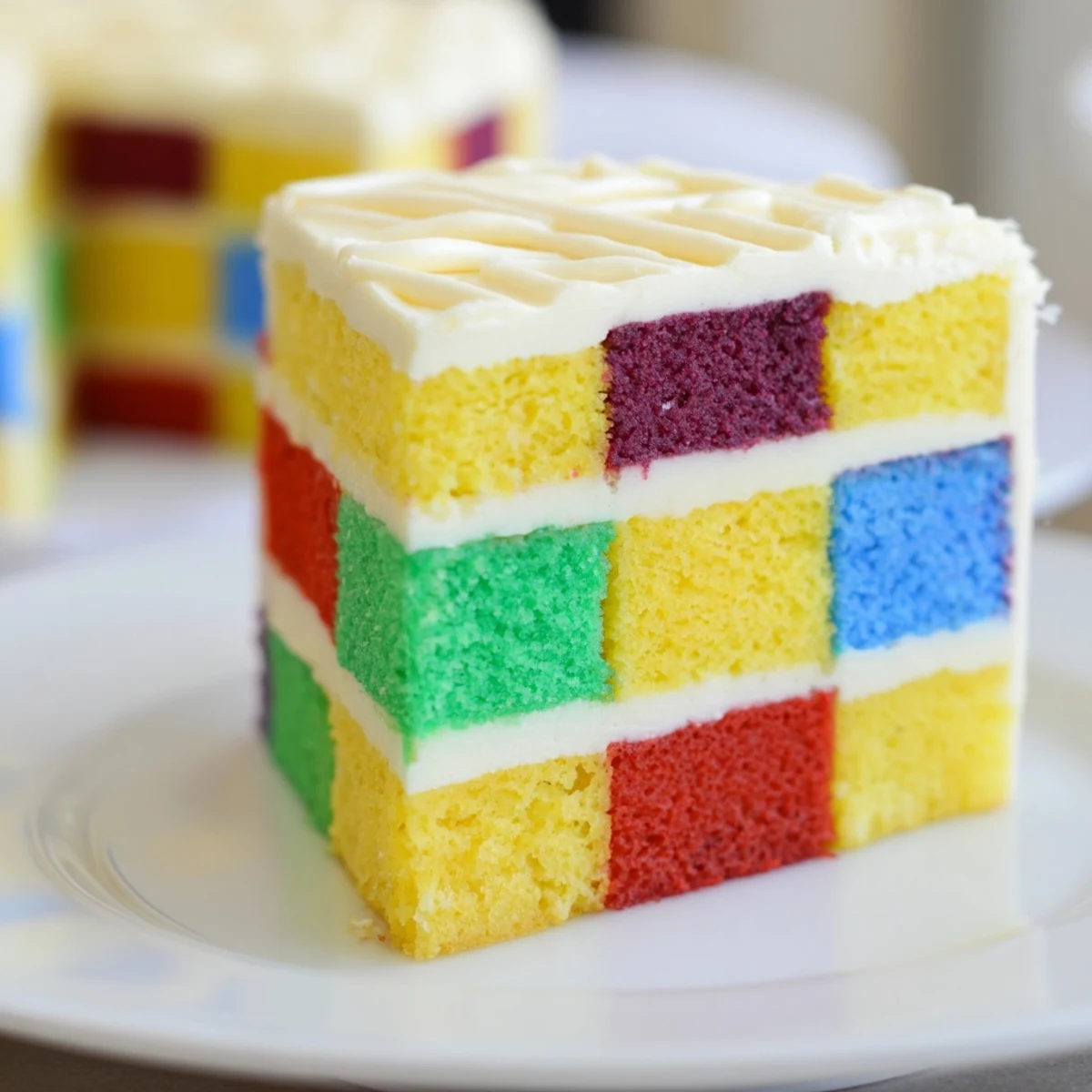 A vibrant slice of The Cozy Quilt Patchwork Cake, showcasing colorful cake squares and creamy frosting.