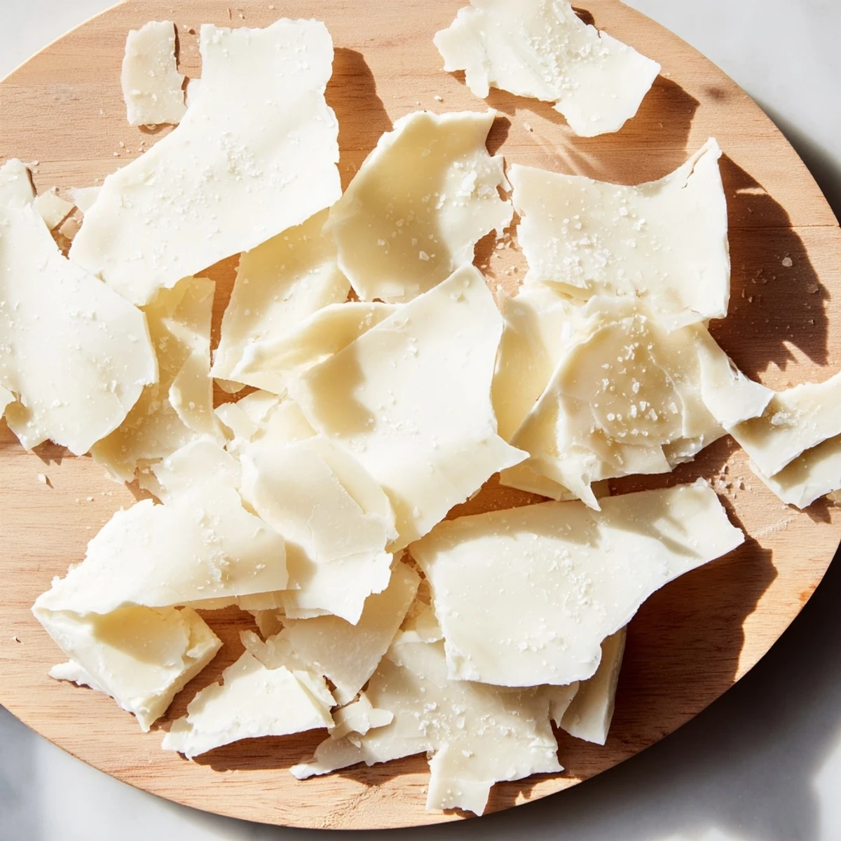 Close-up of The Arctic Tundra dessert: white chocolate ice sheets and parmesan shards on a wooden board.