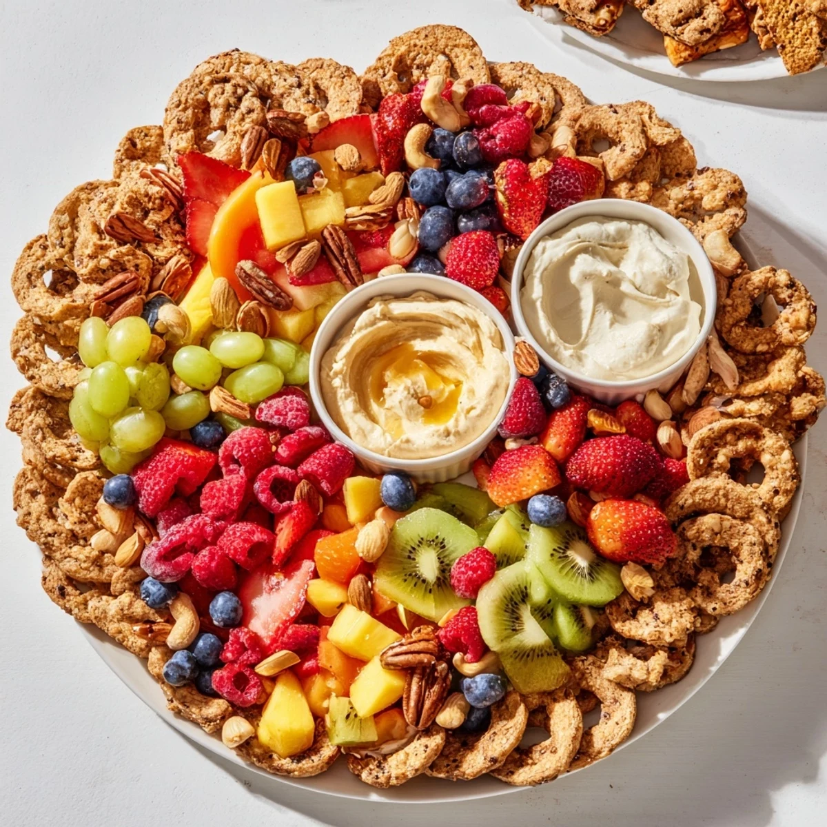 Fresh fruits and creamy dips surround a cracker and nut ring in this Hidden Oasis appetizer.
