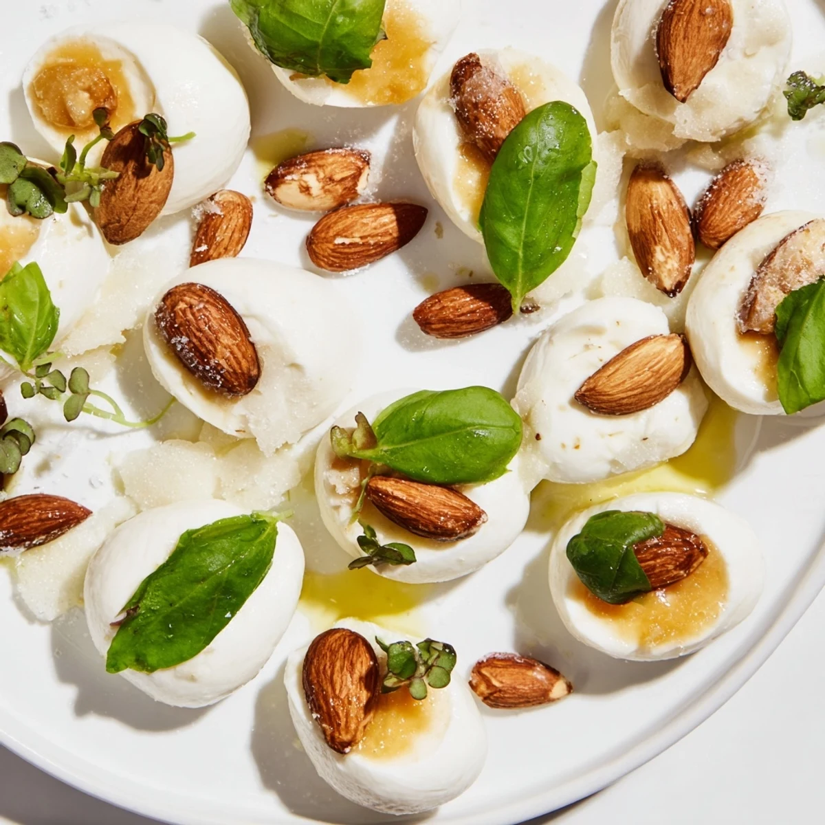 A stunning overhead view highlights the smooth cheeses and roasted almonds, creating a Polished Pebble appetizer arrangement.