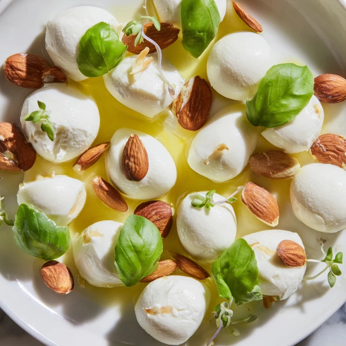 Enjoy this elegant Polished Pebble appetizer—a delightful mix of cheeses and almonds, perfectly arranged to look inviting.