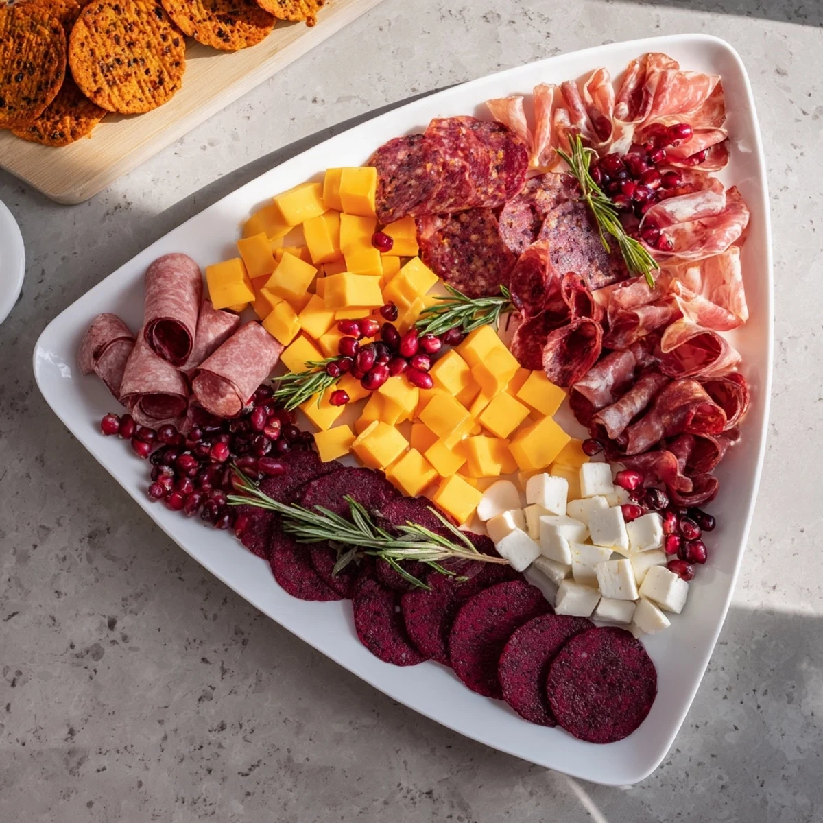 A visually stunning Crimson Crest charcuterie board overflowing with savory meats and red wine cheeses.