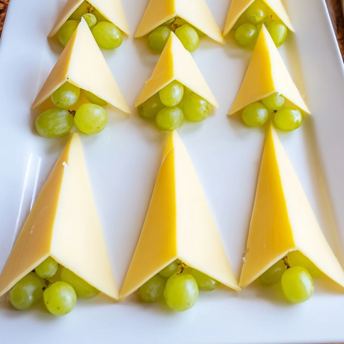 A festive The Tannenbaum Border cheese board with green grape "pine trees" for holiday entertaining.