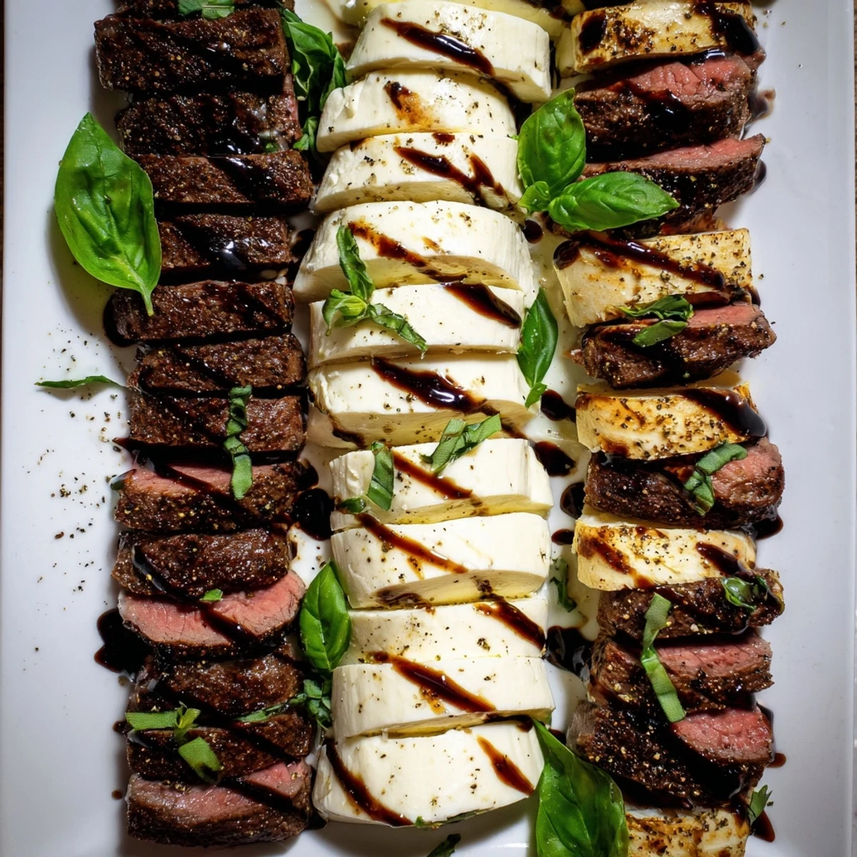Alternating rows of beef, chicken, and cheese create an elegant Safari Stripes appetizer, ready to serve with basil.