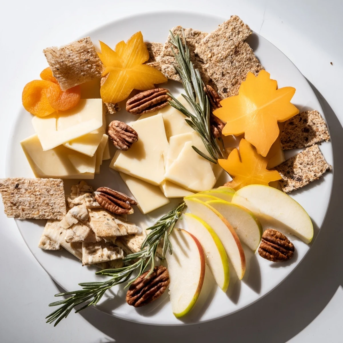 A close-up of a delightful Thanksgiving Leaf Fall spread, featuring cheeses in leaf shapes.