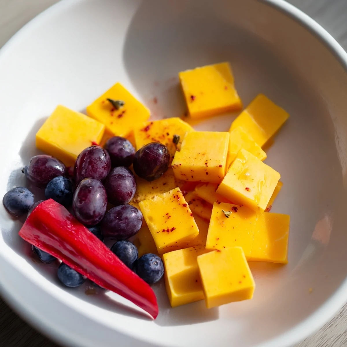 Bauhaus Block appetizer with brightly colored bell pepper, cheese, and grapes, a visual delight.