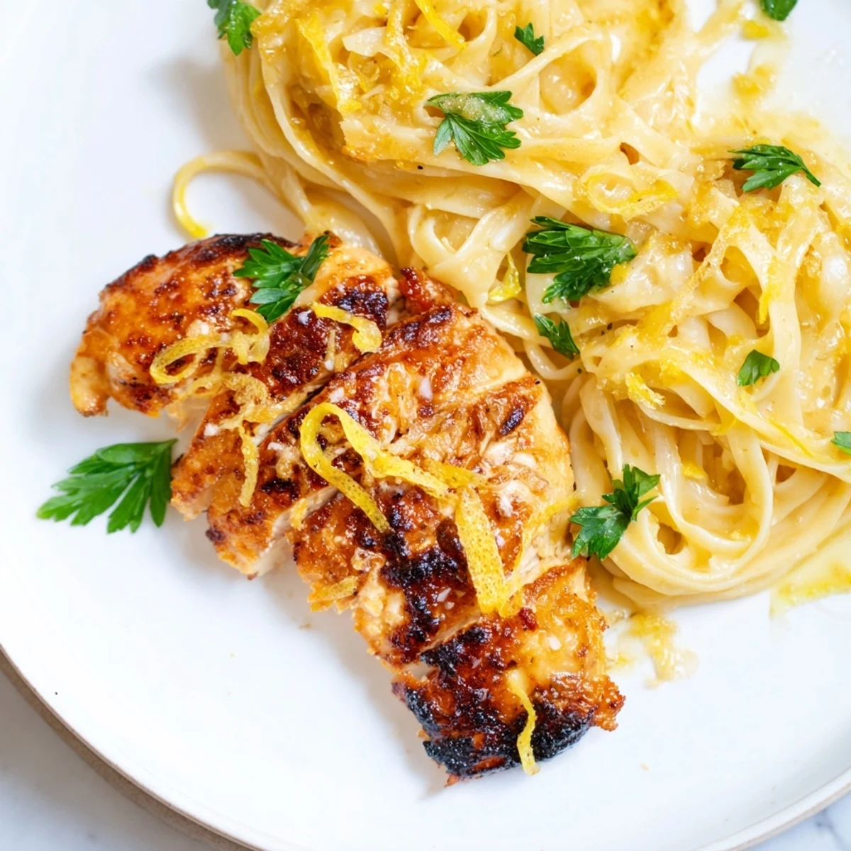 Pasta with Lemon Brûlée Chicken, a creamy pasta dish with caramelized chicken and bright lemon flavor.