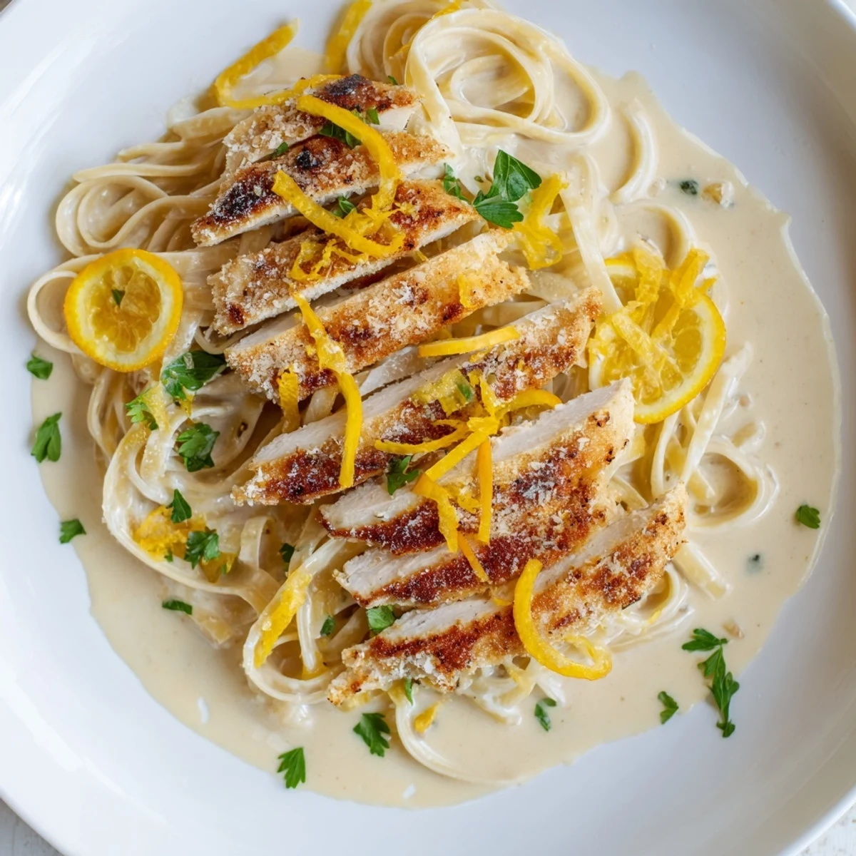 A close-up of pasta with Lemon Brûlée Chicken reveals perfectly seared chicken and zesty sauce.