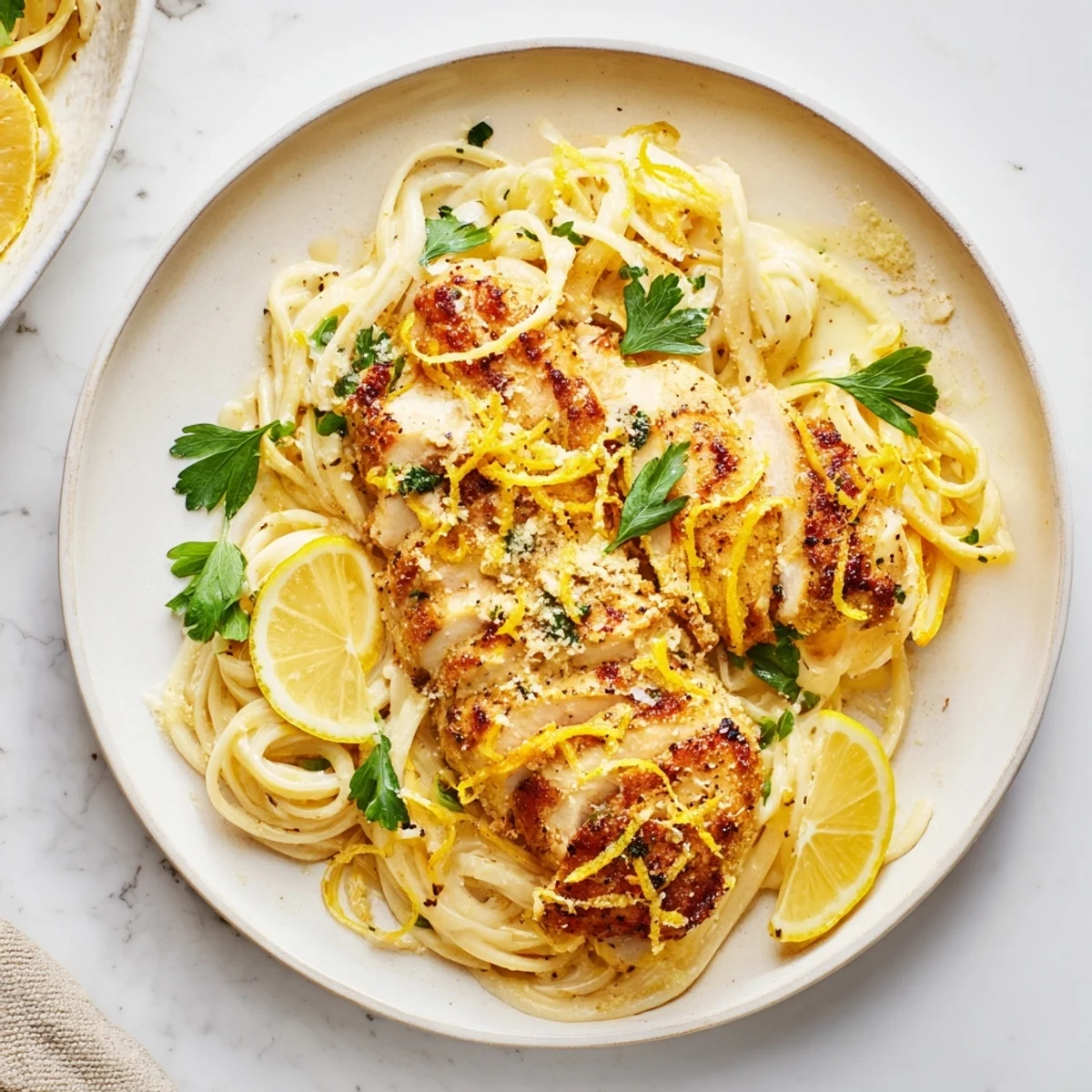 Tender, sliced Lemon Brûlée Chicken tops a bed of flavorful pasta, ready to be enjoyed!