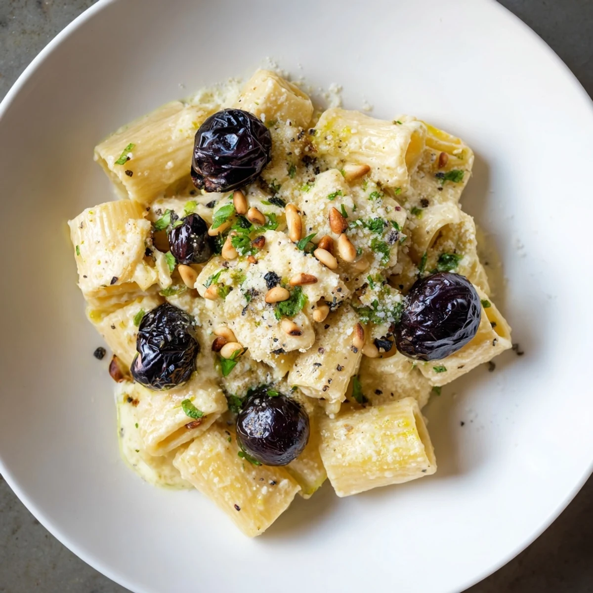 Vibrant image of Pasta with Roasted Grapes showcasing the Italian-American inspired flavors.