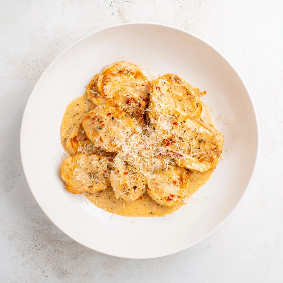 Tender chicken breasts smothered in a rich, flavorful sauce; see the Parmesan snow over this Marry Me Chicken.