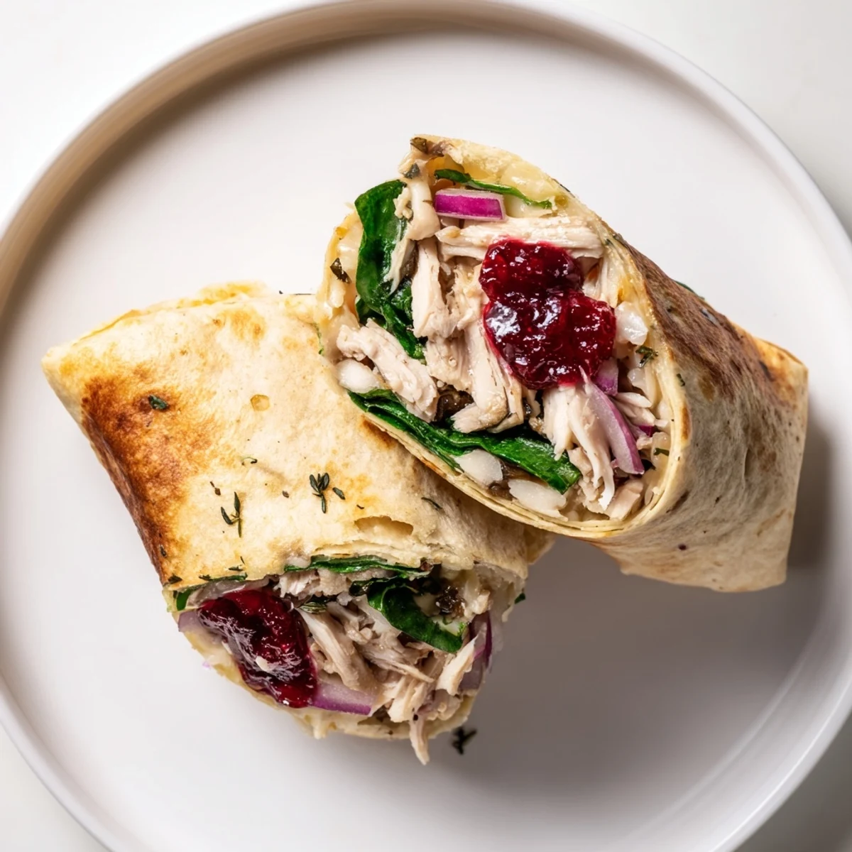 Golden-brown Chicken and Brie Holiday Wrap, melty brie oozing from a toasted tortilla.
