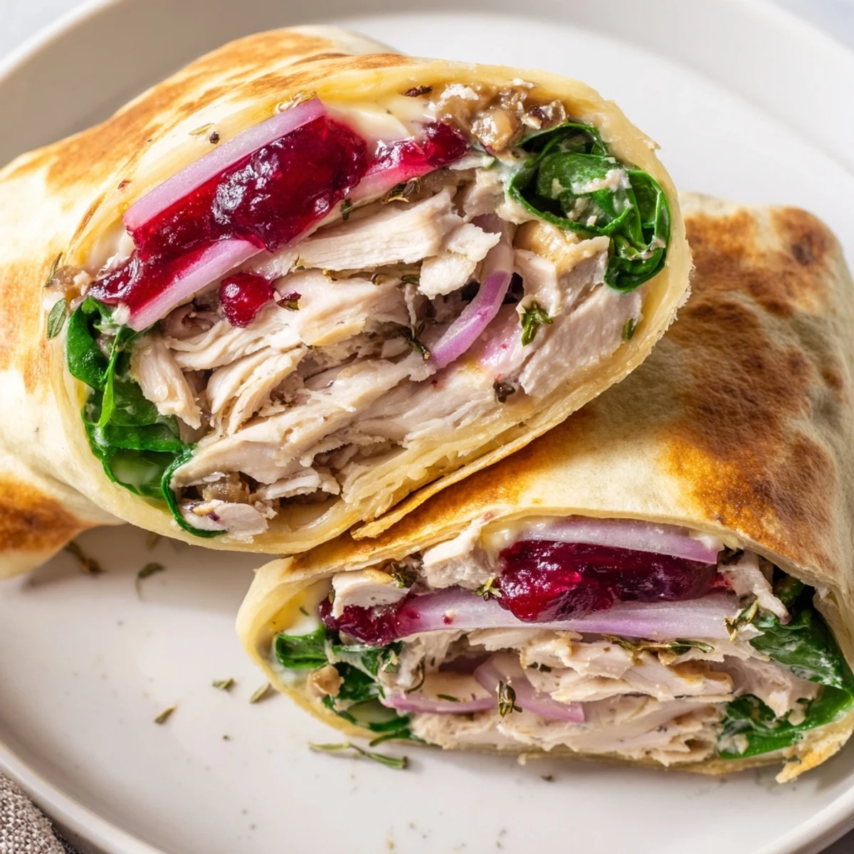 Close-up of a delicious Chicken and Brie Holiday Wrap, showcasing layers of chicken, brie, and greens.