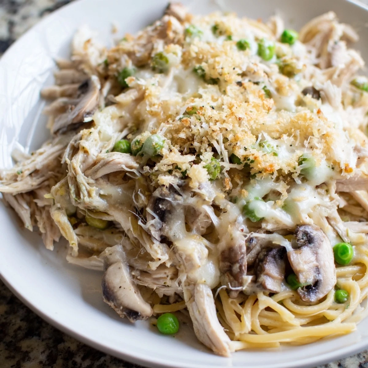 Golden-crusted Turkey Tetrazzini with a creamy white wine sauce, featuring tender turkey and pasta.