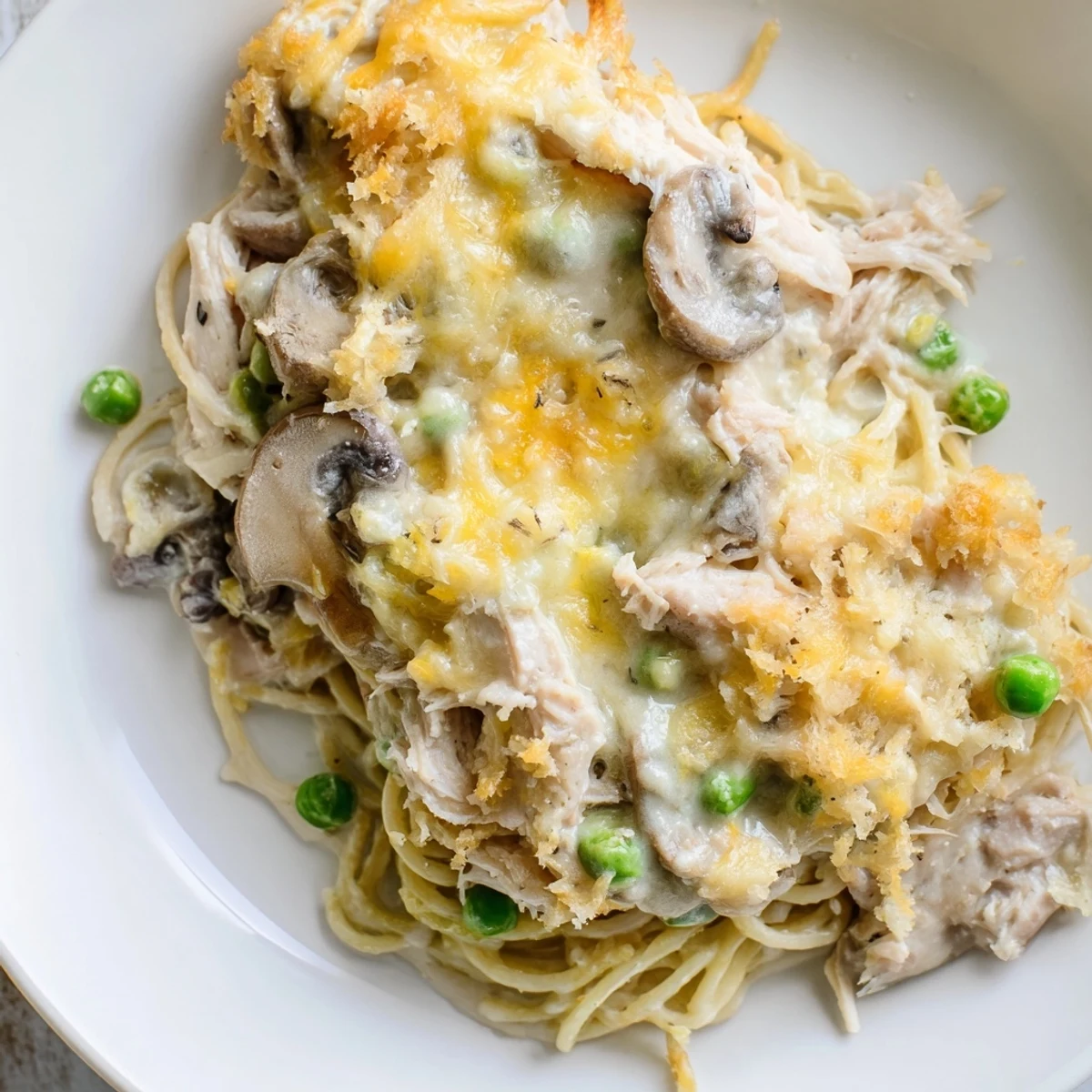 This delicious Turkey Tetrazzini, baked until bubbly, presents a classic comfort food dinner on the table.