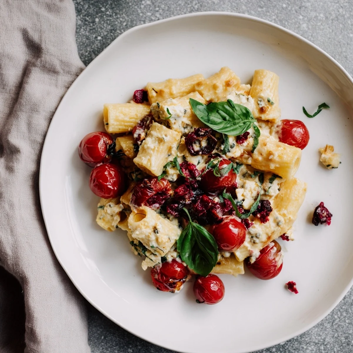 Tender pasta tossed in a creamy feta sauce, studded with cranberries, from this easy recipe.