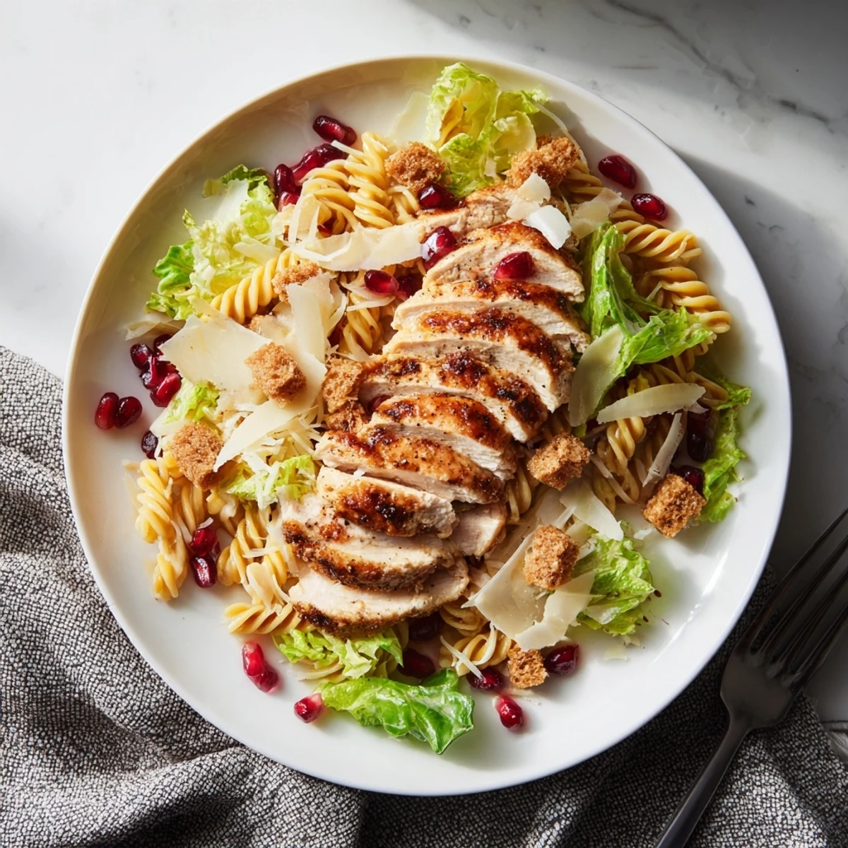 Chicken Caesar Pasta with pomegranate, a vibrant salad with grilled chicken and creamy dressing.