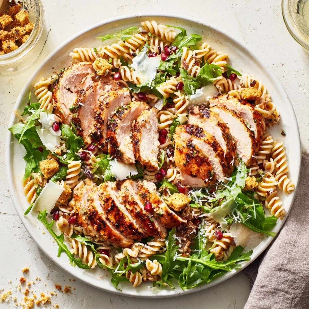 Golden croutons and pomegranate jewels top this Chicken Caesar Pasta, a colorful weeknight meal.