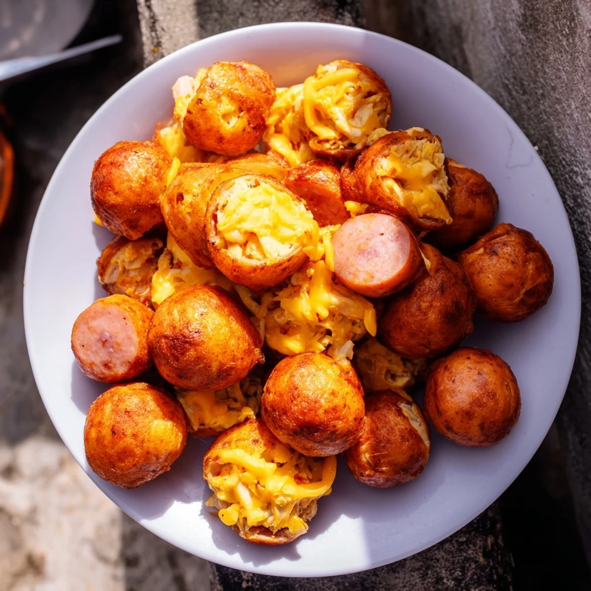 Golden-brown chicken and sausage Bisquick balls, a savory appetizer perfect for your next party.