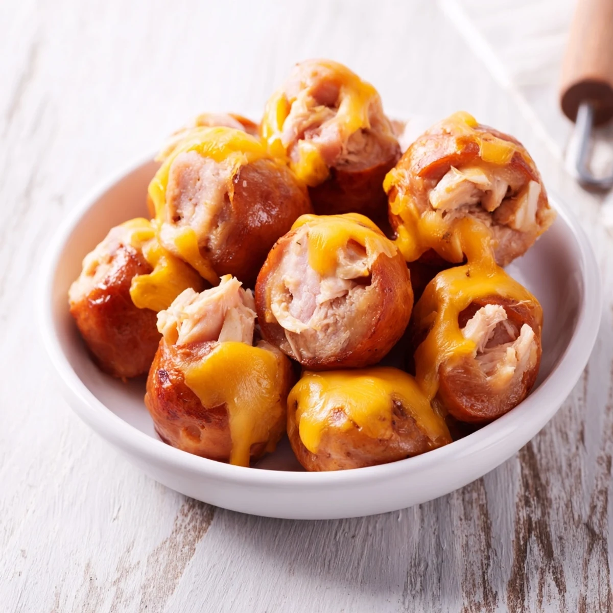 Homemade chicken and sausage Bisquick balls, served warm, promising a quick and easy snack.