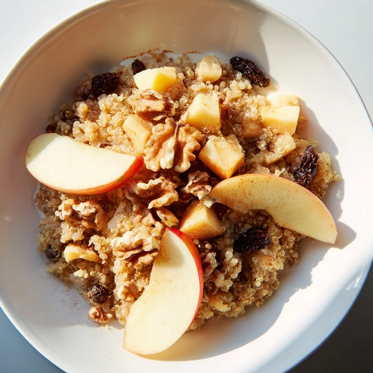 Warm Apple Cinnamon Quinoa Bowl topped with nuts, raisins, and a drizzle of maple syrup.
