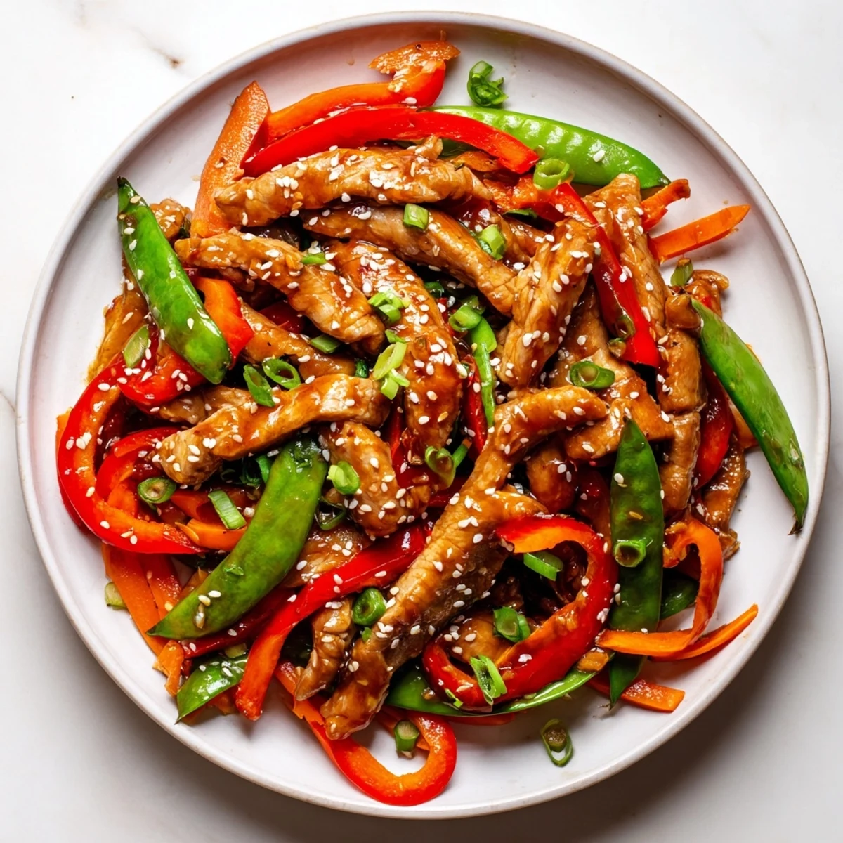 Sweet teriyaki pork stir-fry: a savory and sweet dish with glistening, tender pork and colorful vegetables.