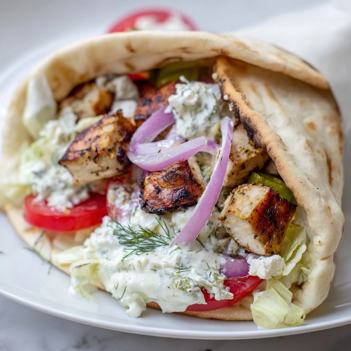 A close-up of delicious Greek Chicken Souvlaki Wraps, showing tender chicken, creamy tzatziki, and crisp veggies.