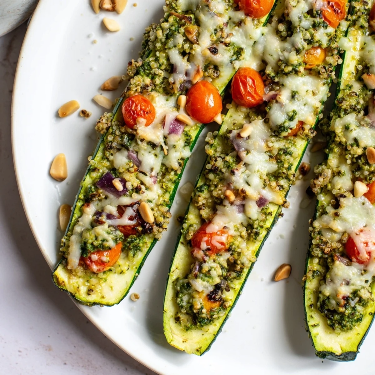 A close-up view offers a glimpse of the delicious baked Cheesy Pesto Zucchini Boats, perfect for dinner.