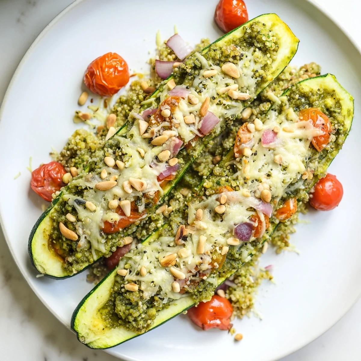 Golden, bubbly cheese melts atop savory Cheesy Pesto Zucchini Boats, a delightful vegetarian meal.