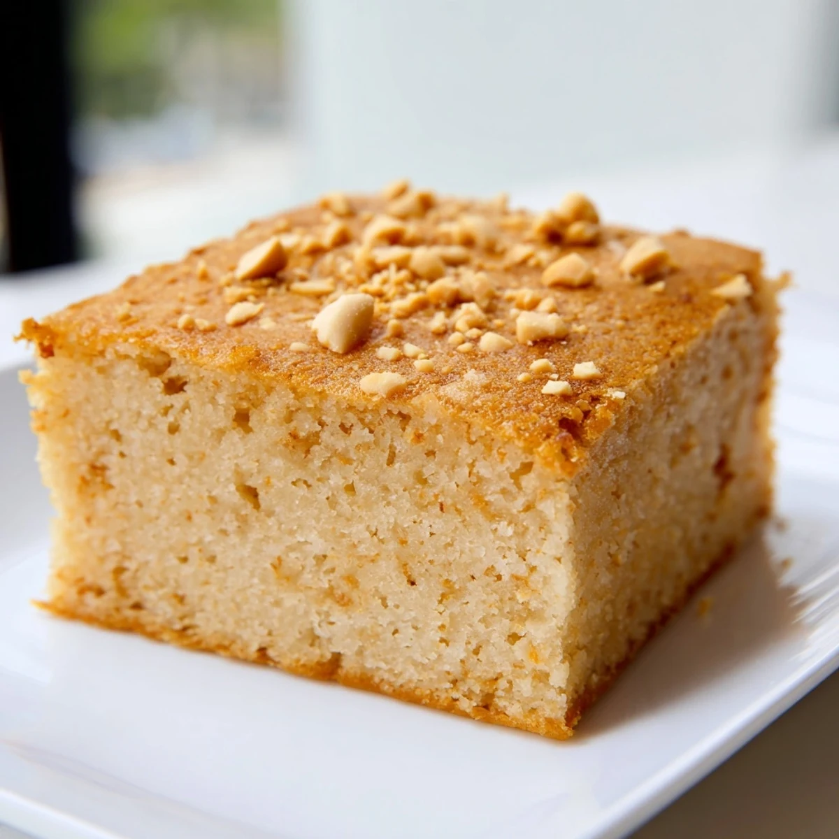Golden brown Peanut Butter Mochi Cake, a chewy dessert perfect alongside a scoop of vanilla ice cream.