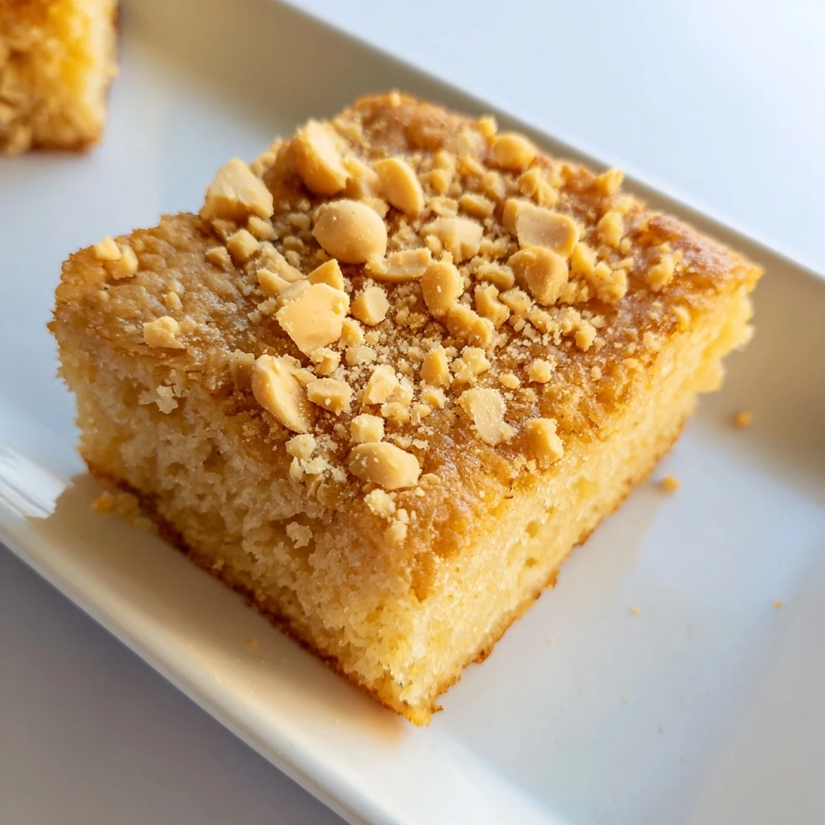 A close-up of a freshly baked Peanut Butter Mochi Cake, showing its delightfully soft, jiggly texture.
