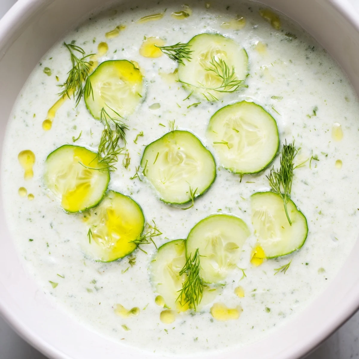 Refreshing Chilled Cucumber Garlic Soup, garnished with vibrant green cucumber slices and fresh dill.