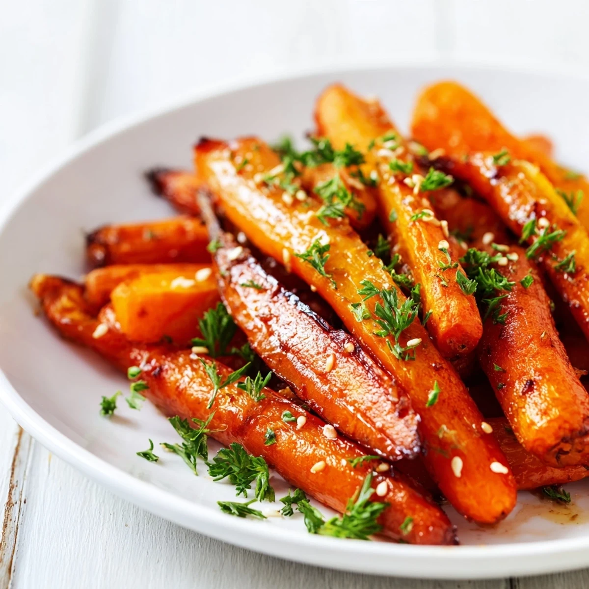 Golden Maple Mustard Roasted Carrots, glistening on a baking sheet, ready for a delicious dinner.
