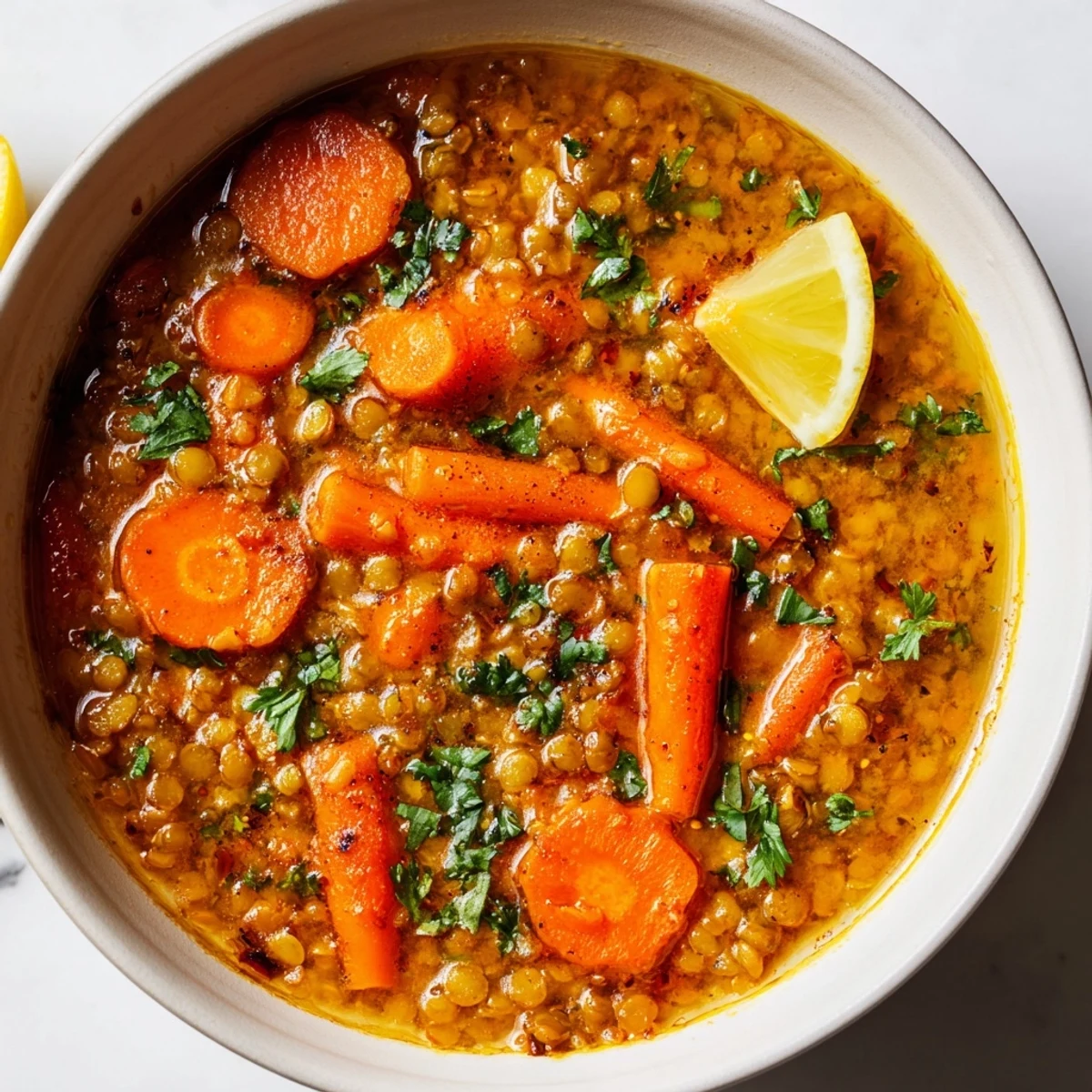 Steaming spiced carrot lentil soup, a vibrant orange hue, garnished with fresh herbs and lemon.
