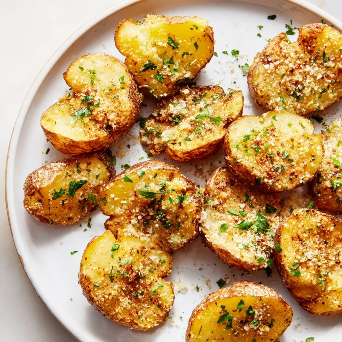 Golden, crispy Garlic Parmesan Potatoes, garnished with fresh parsley, perfect as a side dish.