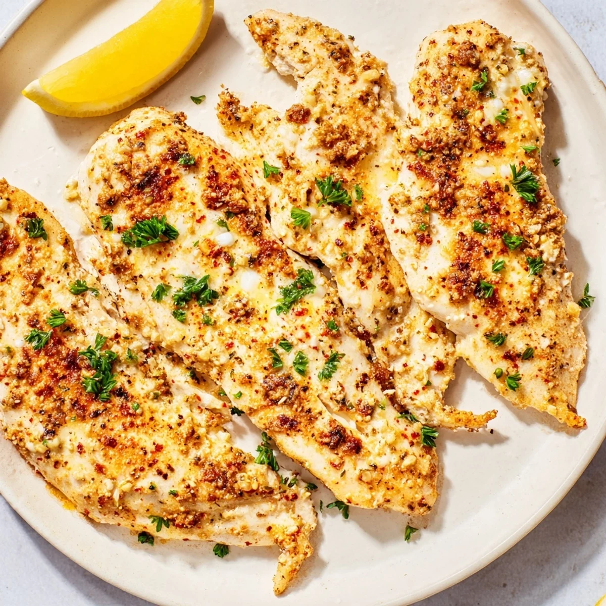 Creamy Greek yogurt chicken, baked golden brown, served with fresh parsley and lemon wedges.