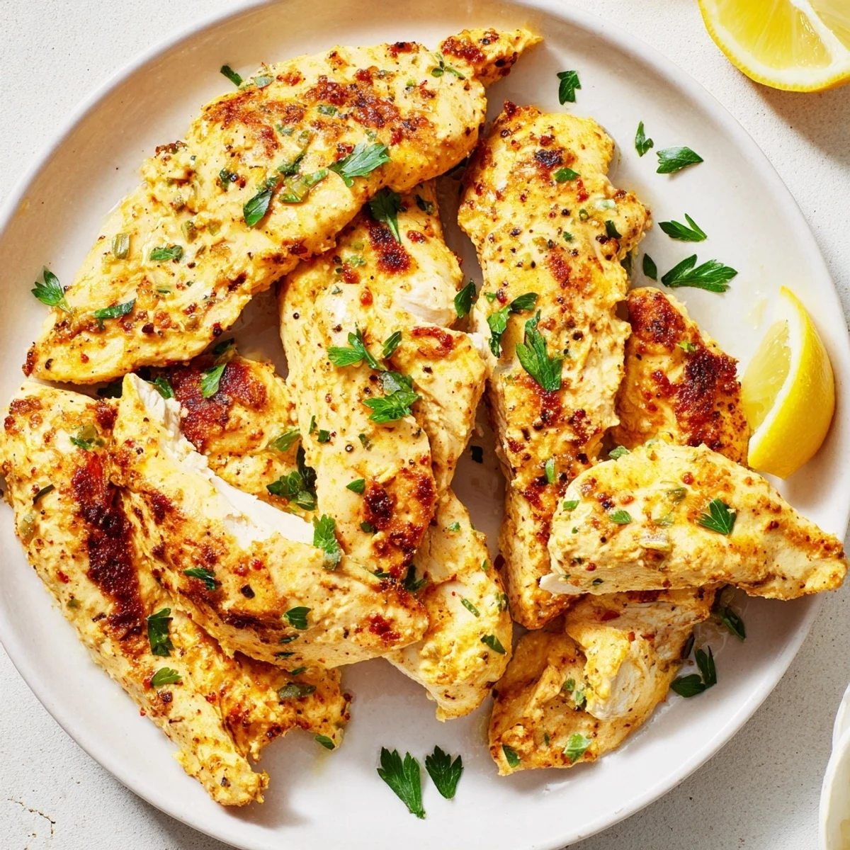 Tender Greek yogurt chicken breasts, glistening with marinade, baked to a perfect finish.
