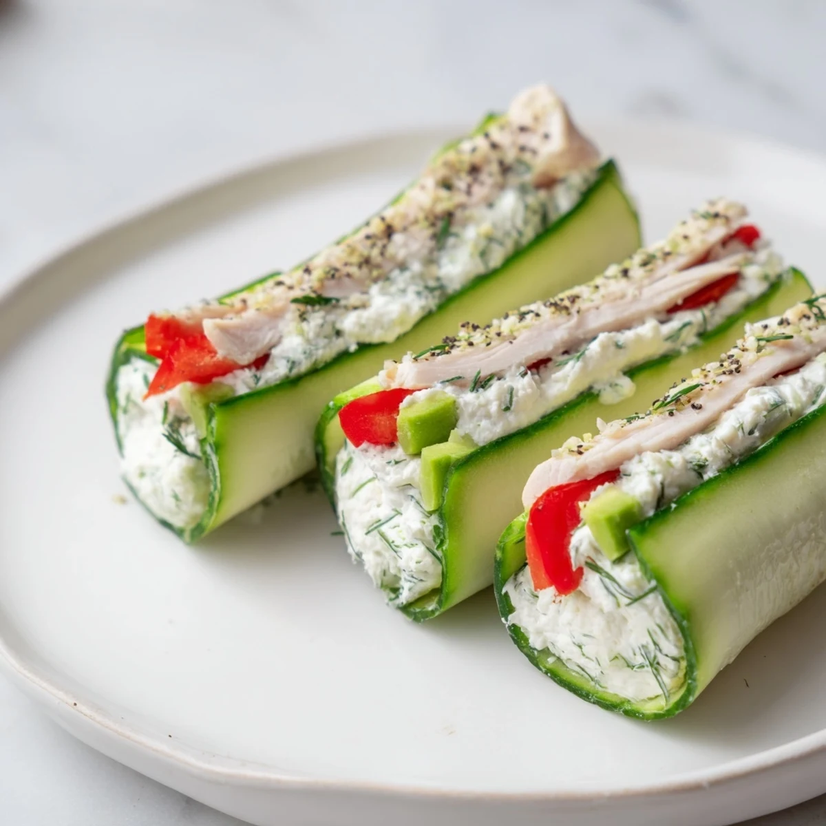 Freshly rolled Cucumber Roll-Ups, showcasing the creamy cheese and deli meats inside each tempting bite.