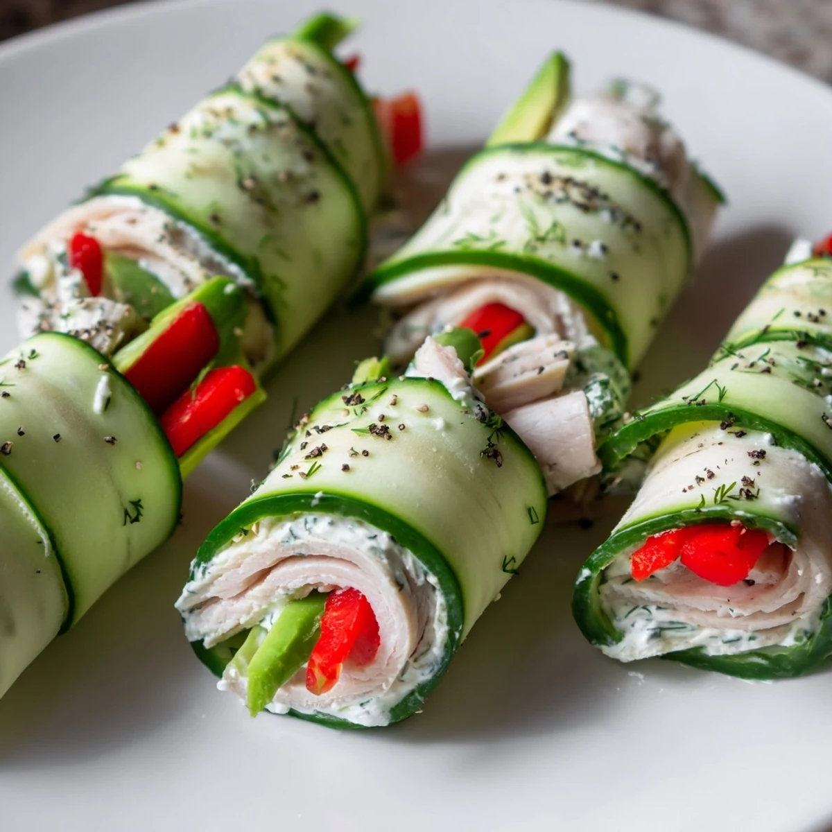 Close-up of vibrant Cucumber Roll-Ups, a low-carb snack with visible fresh herbs and colorful fillings.