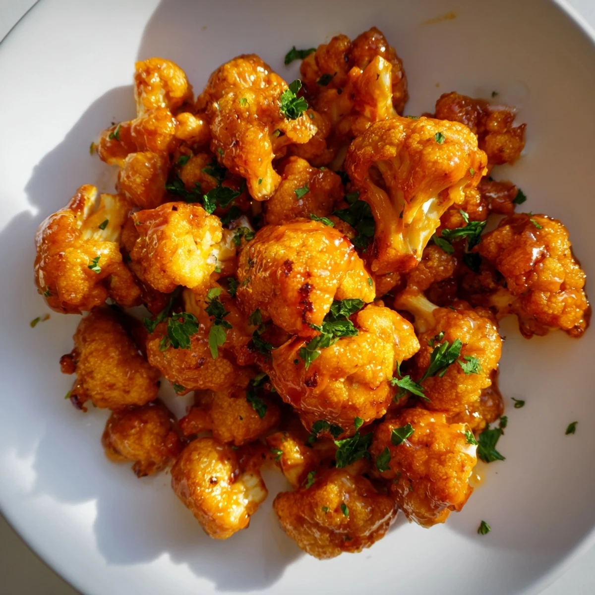 Golden-brown Buffalo Cauliflower Bites ready to serve, a vegan appetizer with a spicy aroma.