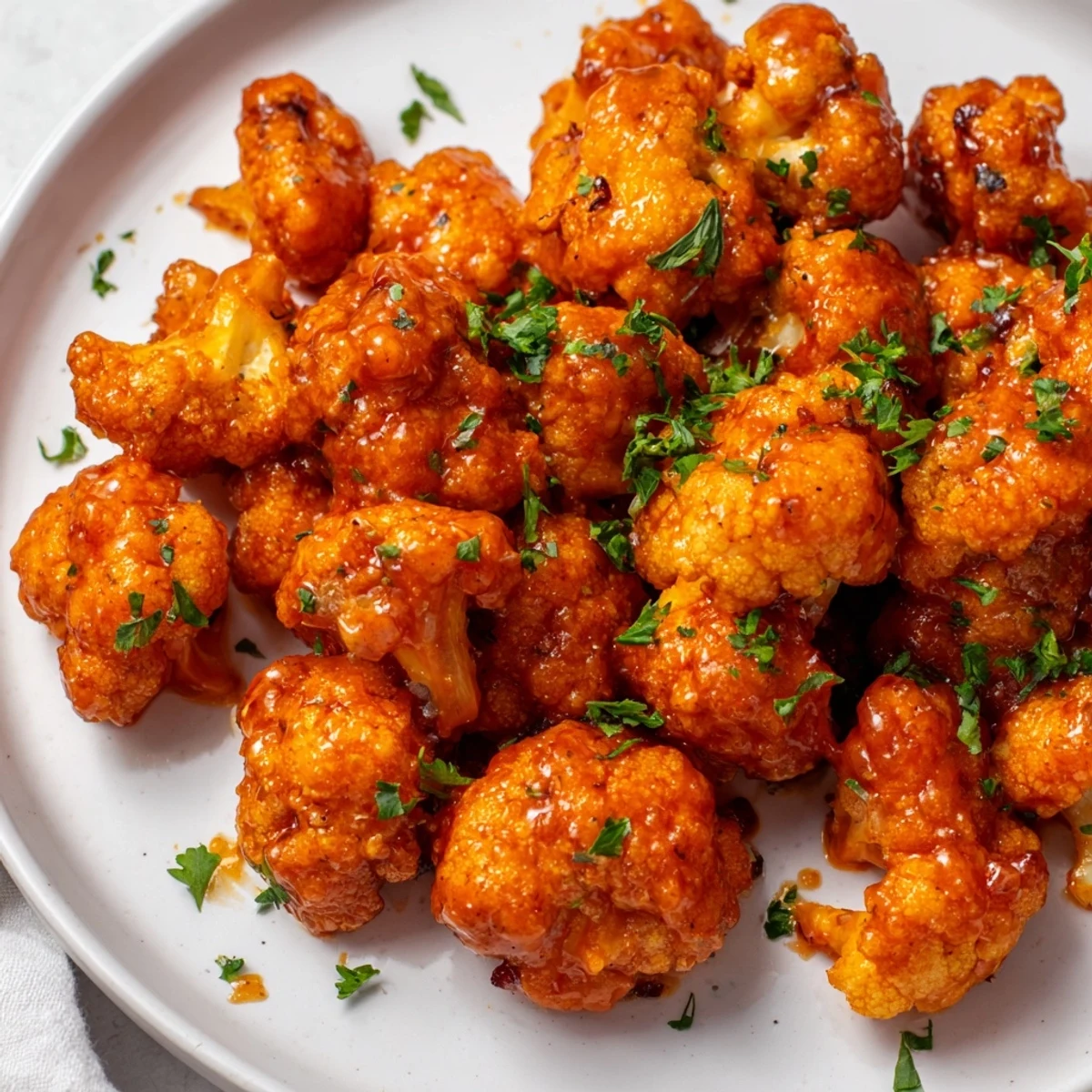A close-up shot of crispy Buffalo Cauliflower Bites, glistening with hot sauce, perfect for game days.