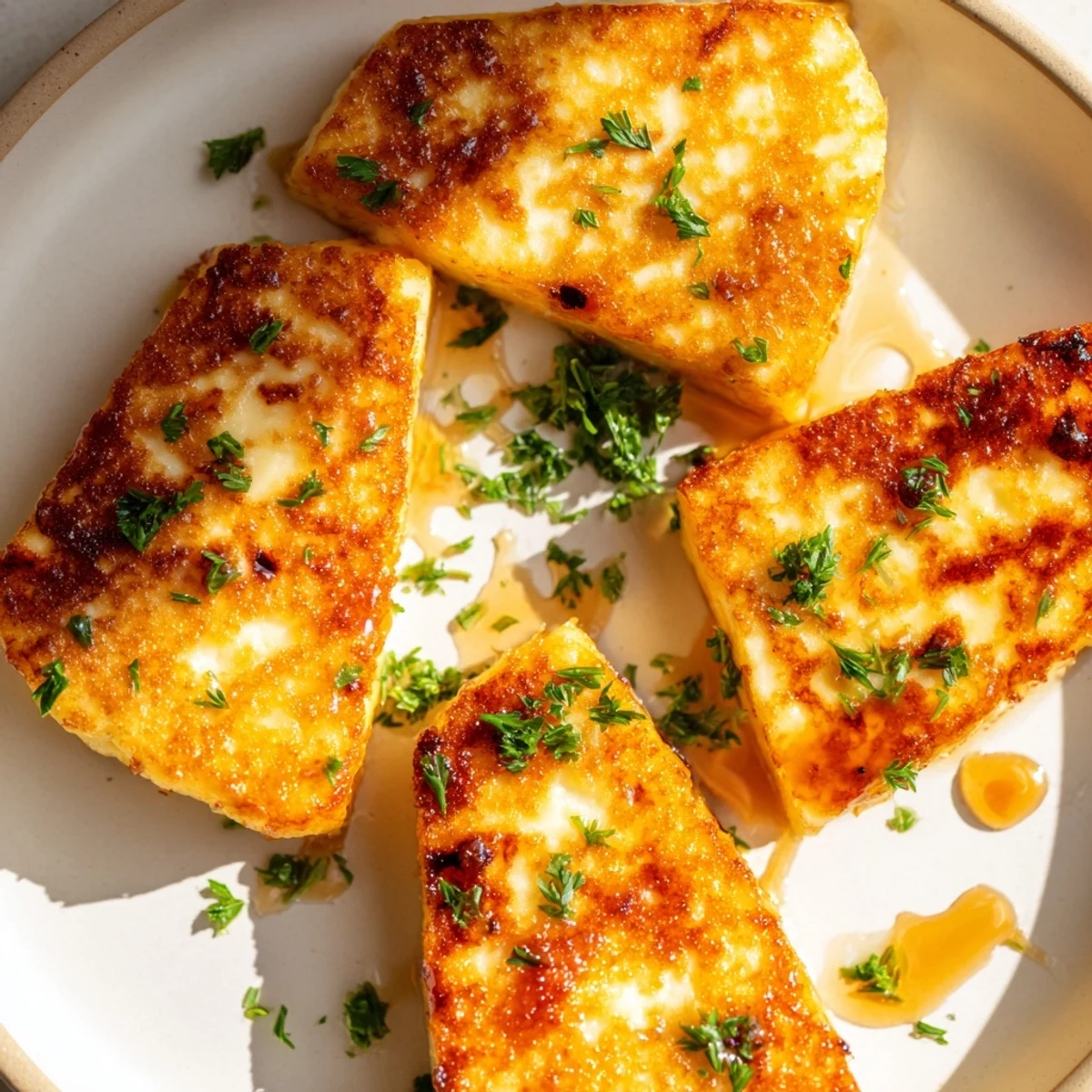 Golden, crispy Hot Honey Halloumi, drizzled with sweet and spicy glaze, ready to enjoy.