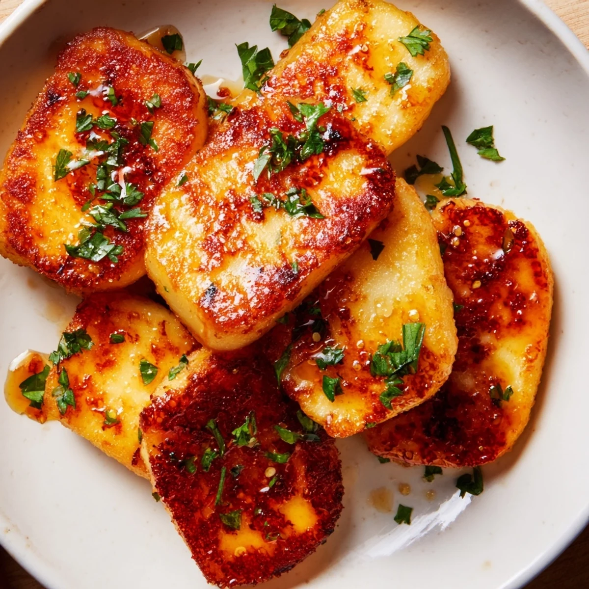 Delectable close-up of Hot Honey Halloumi, showing the golden-brown cheese and honey drizzle.